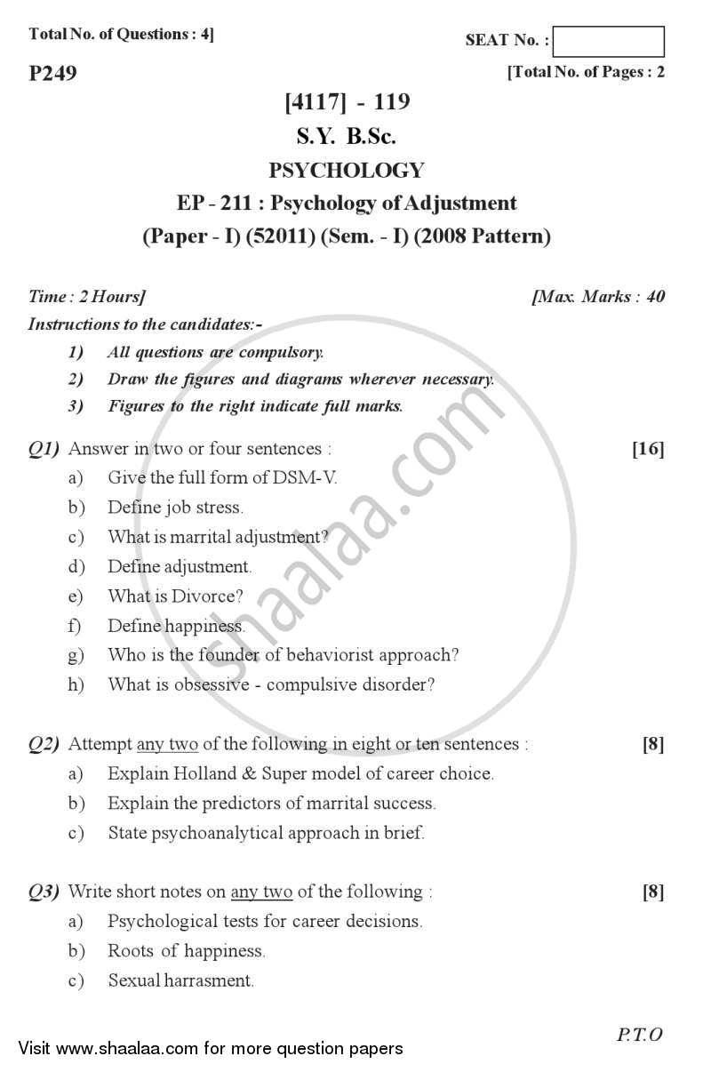 Psychology of Adjustment 2012-2013 - B.Sc. - Semester 3 (SYBSc) - University of Pune question paper with PDF download