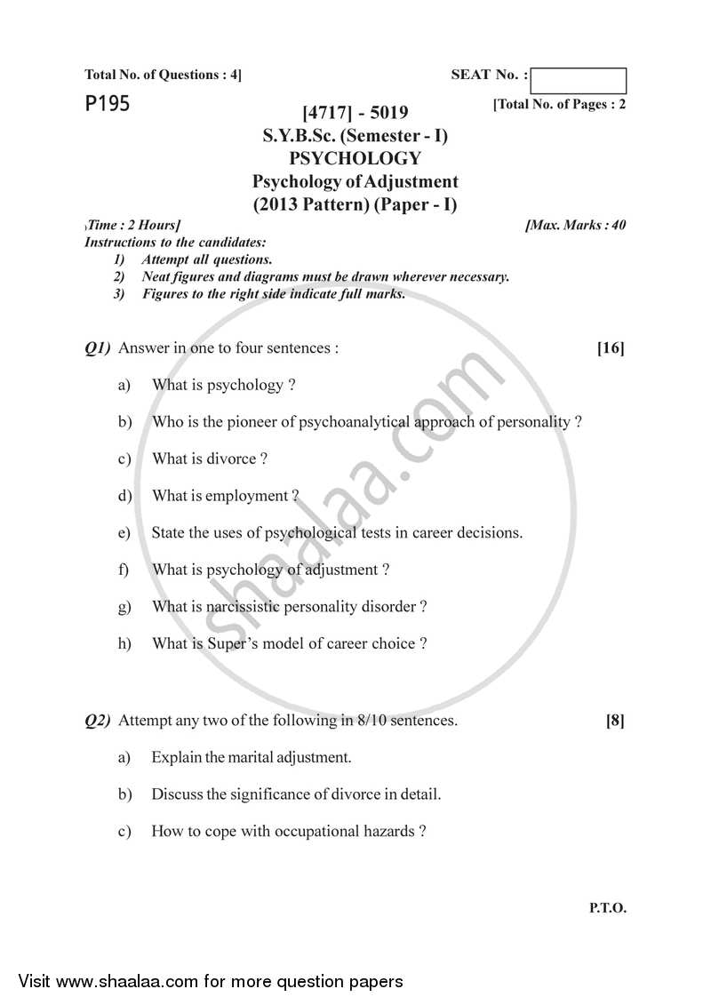 Psychology of Adjustment 2014-2015 - B.Sc. - Semester 3 (SYBSc) - University of Pune question paper with PDF download