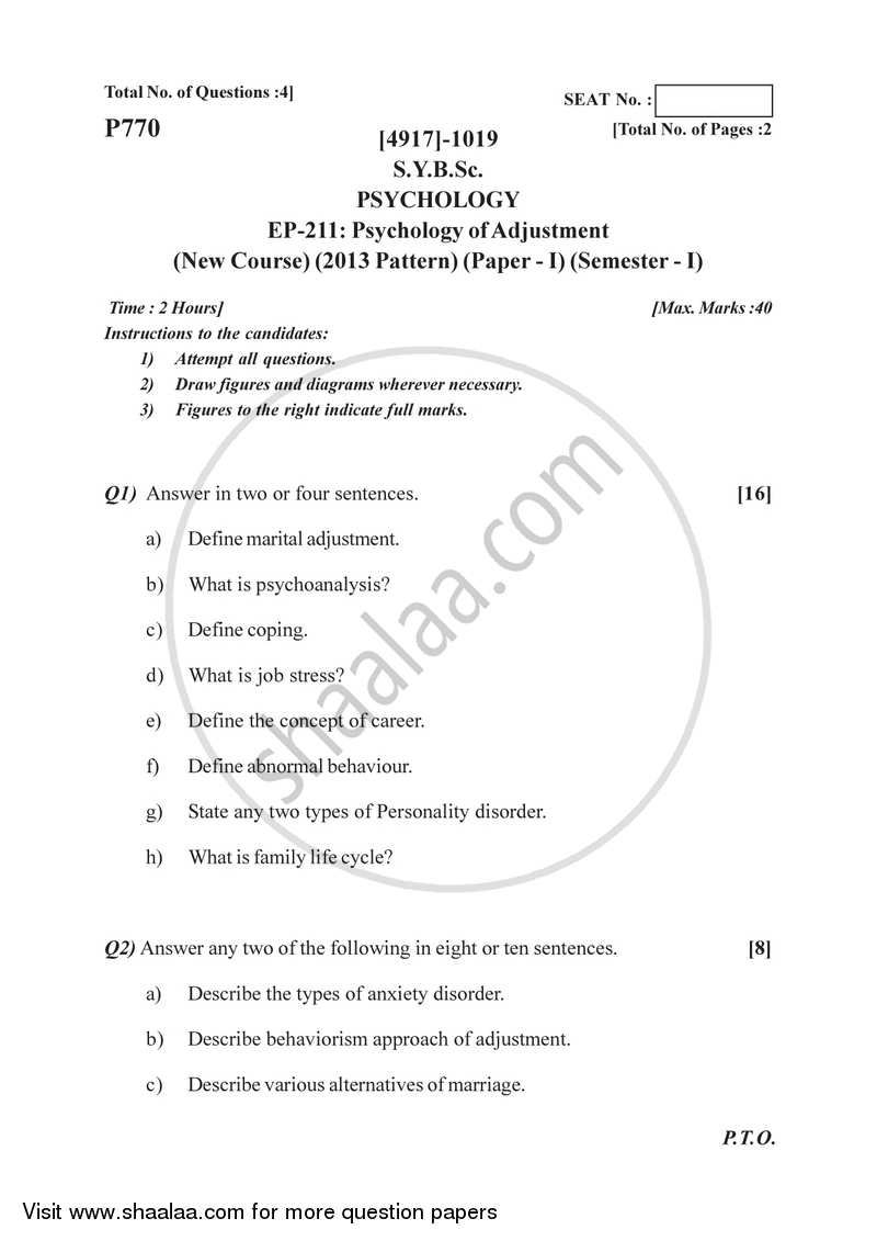 Psychology of Adjustment 2015-2016 - B.Sc. - Semester 3 (SYBSc) - University of Pune question paper with PDF download