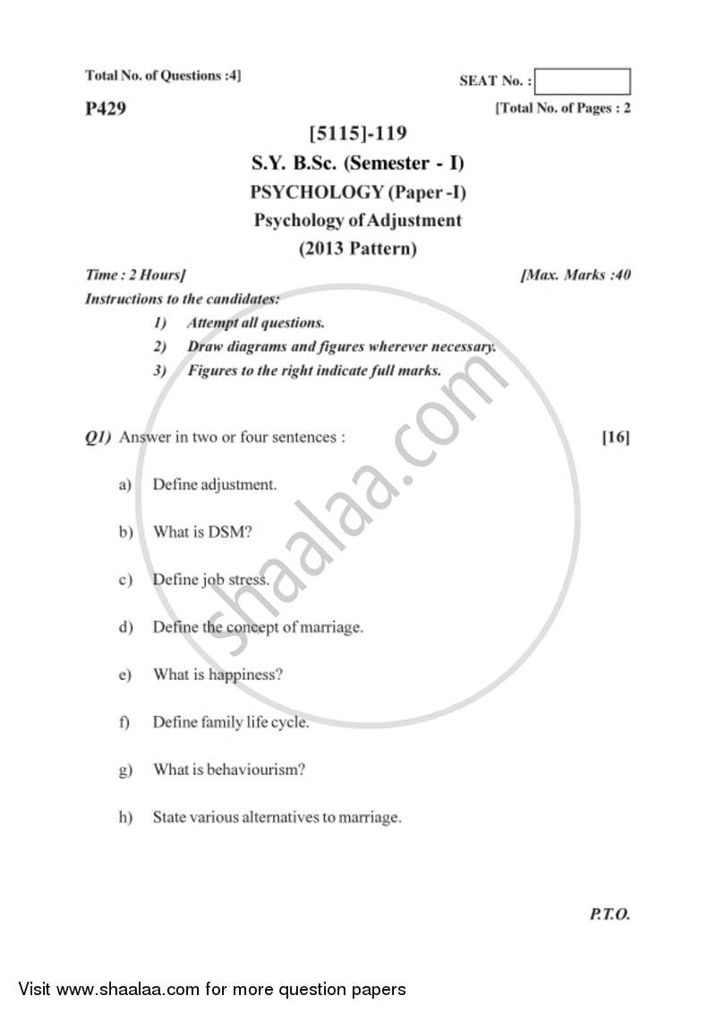 Psychology of Adjustment 2016-2017 - B.Sc. - Semester 3 (SYBSc) - University of Pune question paper with PDF download