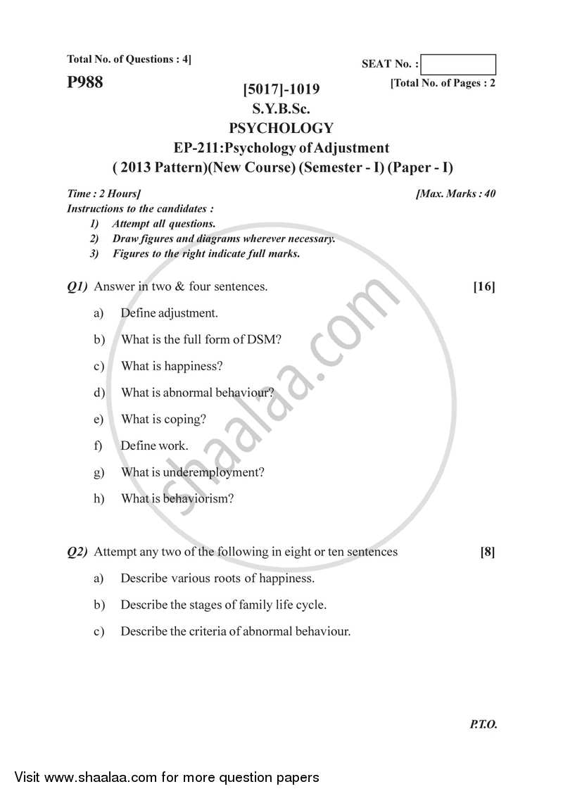 Psychology of Adjustment 2016-2017 - B.Sc. - Semester 3 (SYBSc) - University of Pune question paper with PDF download