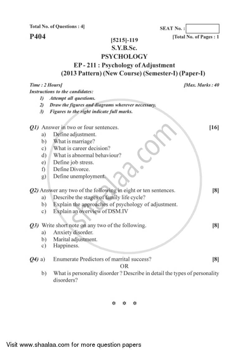 Psychology of Adjustment 2017-2018 - B.Sc. - Semester 3 (SYBSc) - University of Pune question paper with PDF download