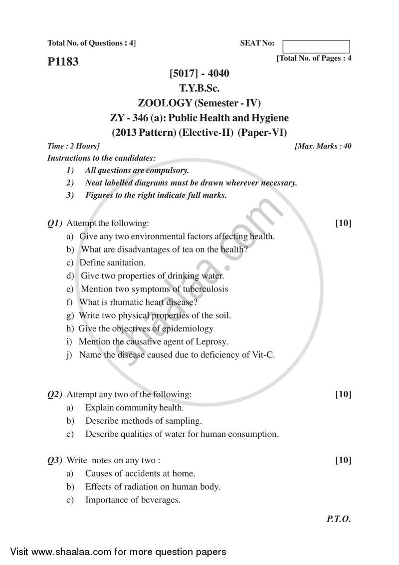 Public Health and Hygiene 2016-2017 - B.Sc. - Semester 6 (TYBSc) - University of Pune question paper with PDF download