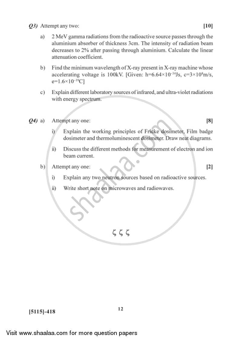 Radiation Physics 2016-2017 - B.Sc. - Semester 6 (TYBSc) - University of Pune question paper with PDF download
