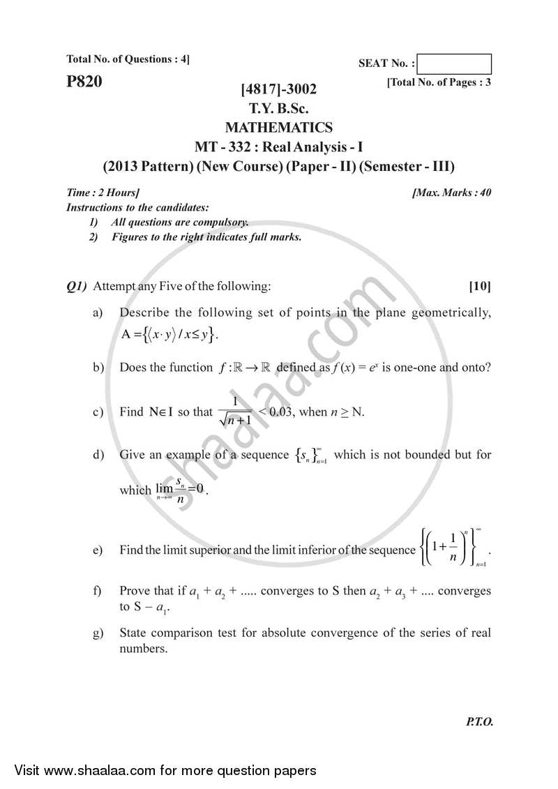 Real Analysis 1 2015-2016 - B.Sc. - Semester 5 (TYBSc) - University of Pune question paper with PDF download