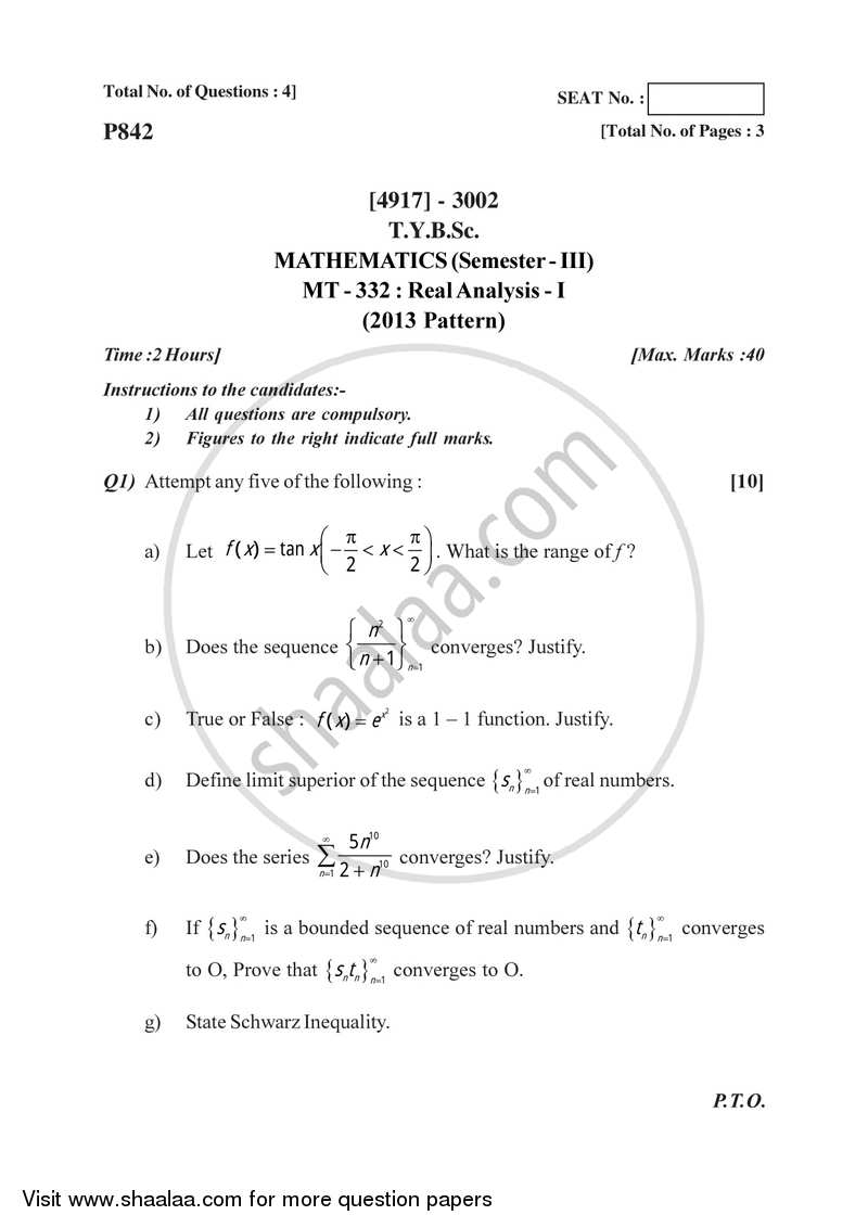 Real Analysis 1 2015-2016 - B.Sc. - Semester 5 (TYBSc) - University of Pune question paper with PDF download
