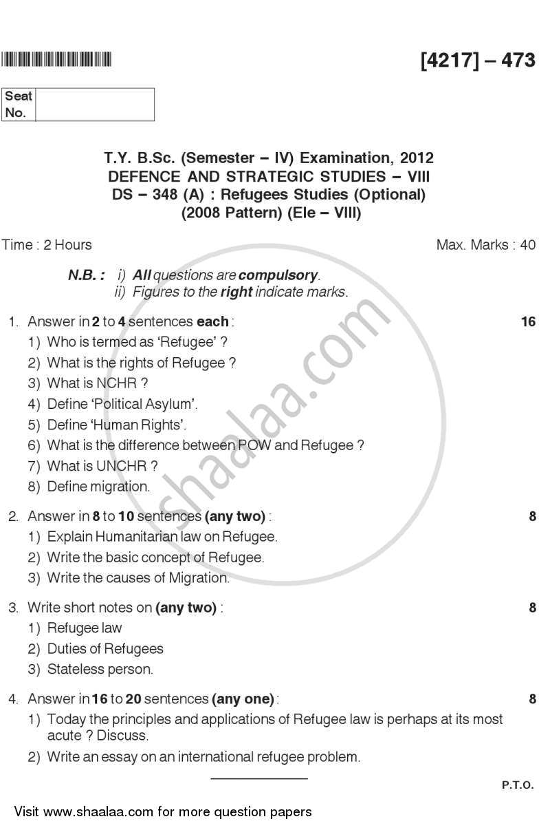 Refugees Studies 2012-2013 - B.Sc. - Semester 6 (TYBSc) - University of Pune question paper with PDF download