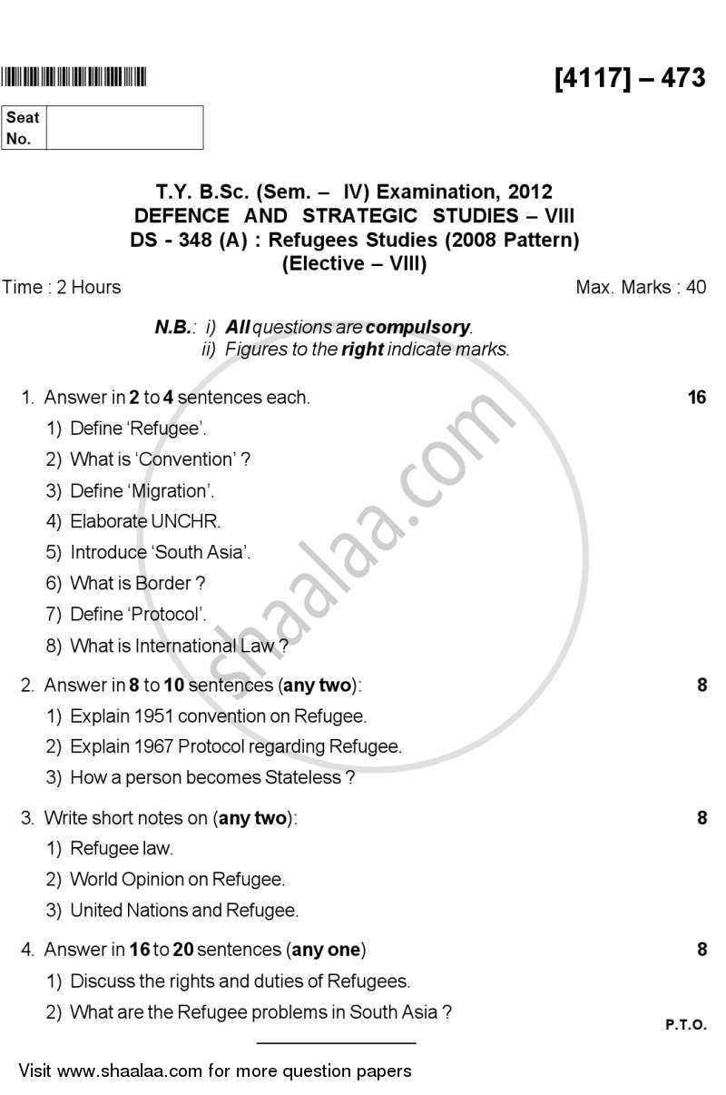 Refugees Studies 2012-2013 - B.Sc. - Semester 6 (TYBSc) - University of Pune question paper with PDF download