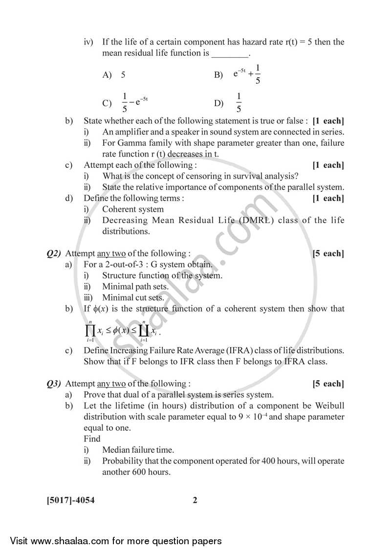 Reliability and Survival Analysis 2016-2017 - B.Sc. - Semester 6 (TYBSc) - University of Pune question paper with PDF download