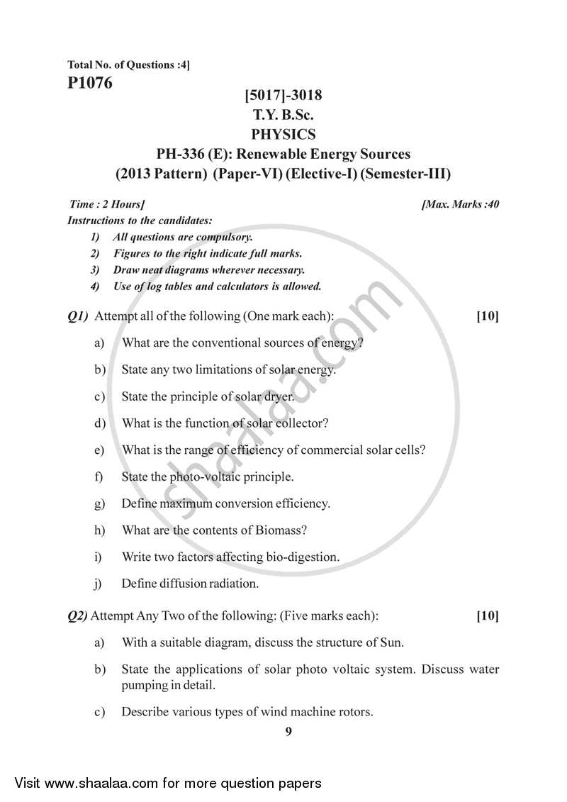 Renewable Energy Sources 2016-2017 - B.Sc. - Semester 5 (TYBSc) - University of Pune question paper with PDF download