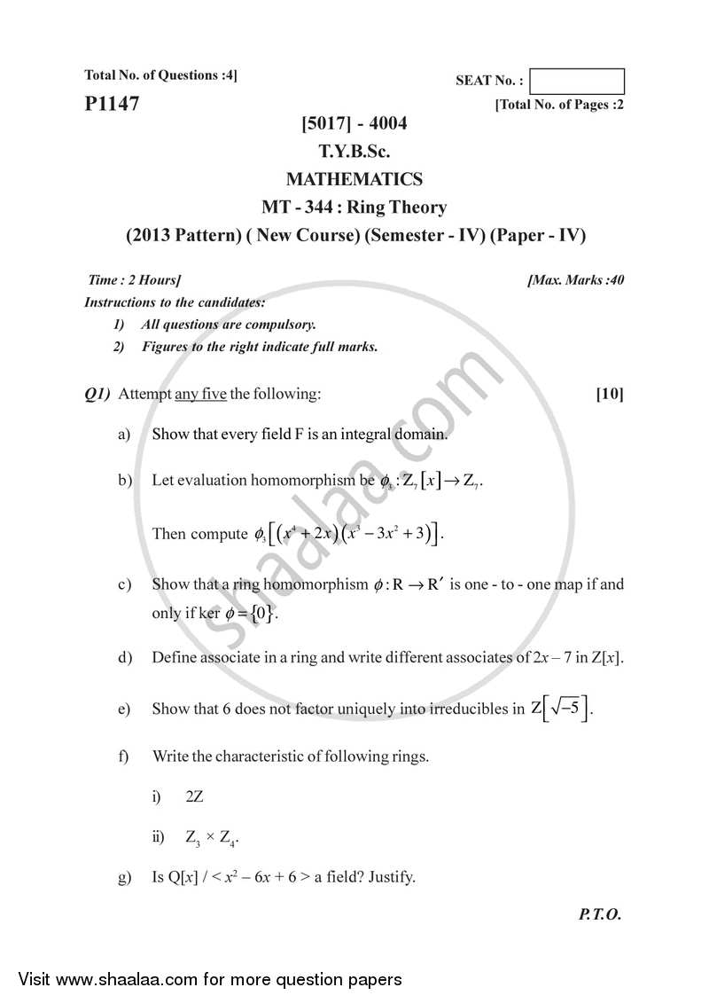 Ring Theory 2016-2017 - B.Sc. - Semester 6 (TYBSc) - University of Pune question paper with PDF download