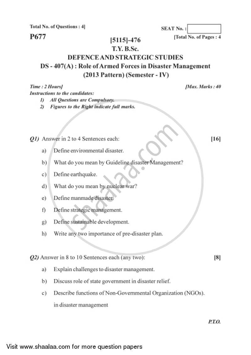 Role of the Armed Forces in Disaster Management 2016-2017 - B.Sc. - Semester 6 (TYBSc) - University of Pune question paper with PDF download
