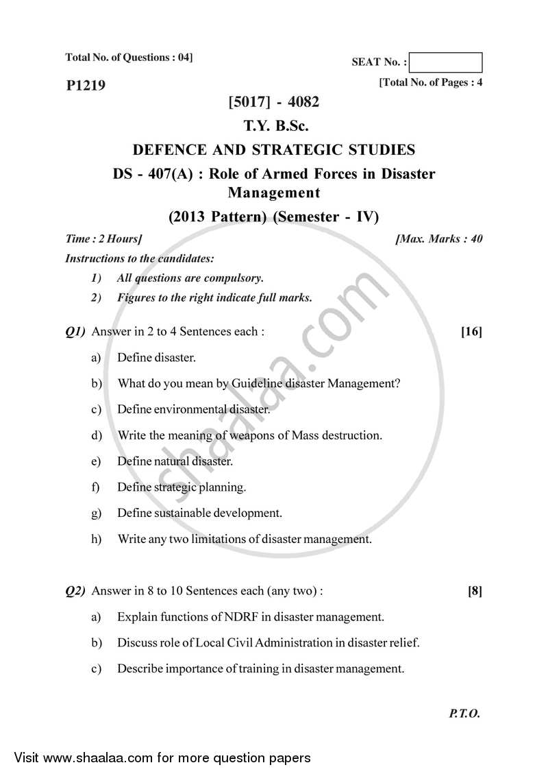 Role of the Armed Forces in Disaster Management 2016-2017 - B.Sc. - Semester 6 (TYBSc) - University of Pune question paper with PDF download