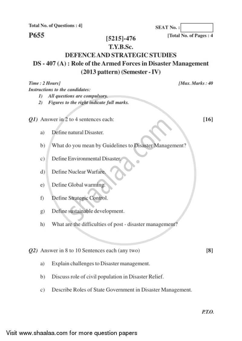 Role of the Armed Forces in Disaster Management 2017-2018 - B.Sc. - Semester 6 (TYBSc) - University of Pune question paper with PDF download