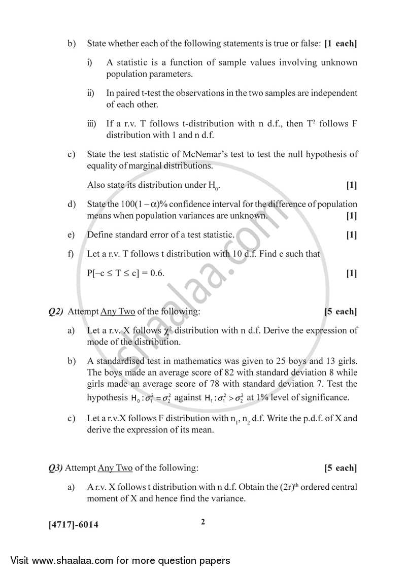 Sampling Distributions and Inference 2014-2015 - B.Sc. - Semester 4 (SYBSc) - University of Pune question paper with PDF download