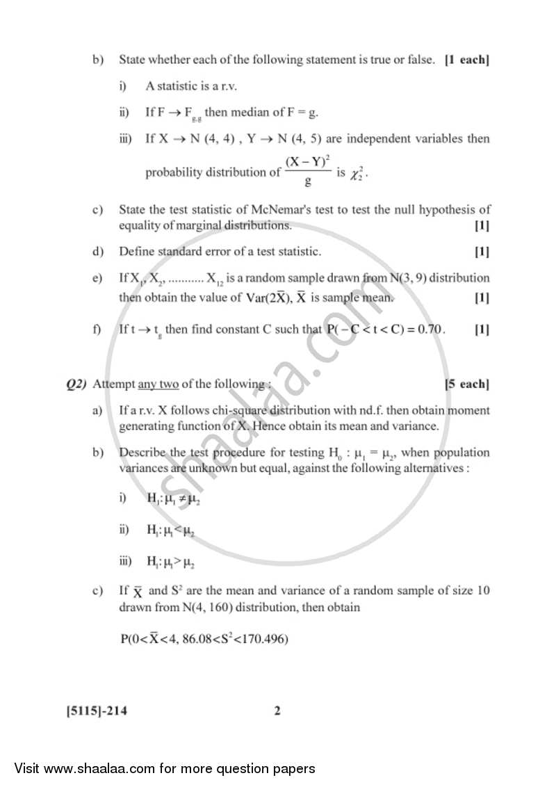 Sampling Distributions and Inference 2016-2017 - B.Sc. - Semester 4 (SYBSc) - University of Pune question paper with PDF download