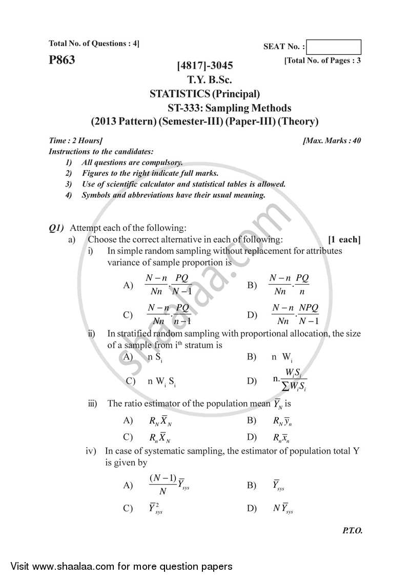 Sampling Methods 2015-2016 - B.Sc. - Semester 5 (TYBSc) - University of Pune question paper with PDF download