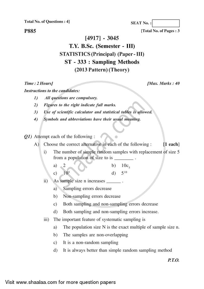 Sampling Methods 2015-2016 - B.Sc. - Semester 5 (TYBSc) - University of Pune question paper with PDF download