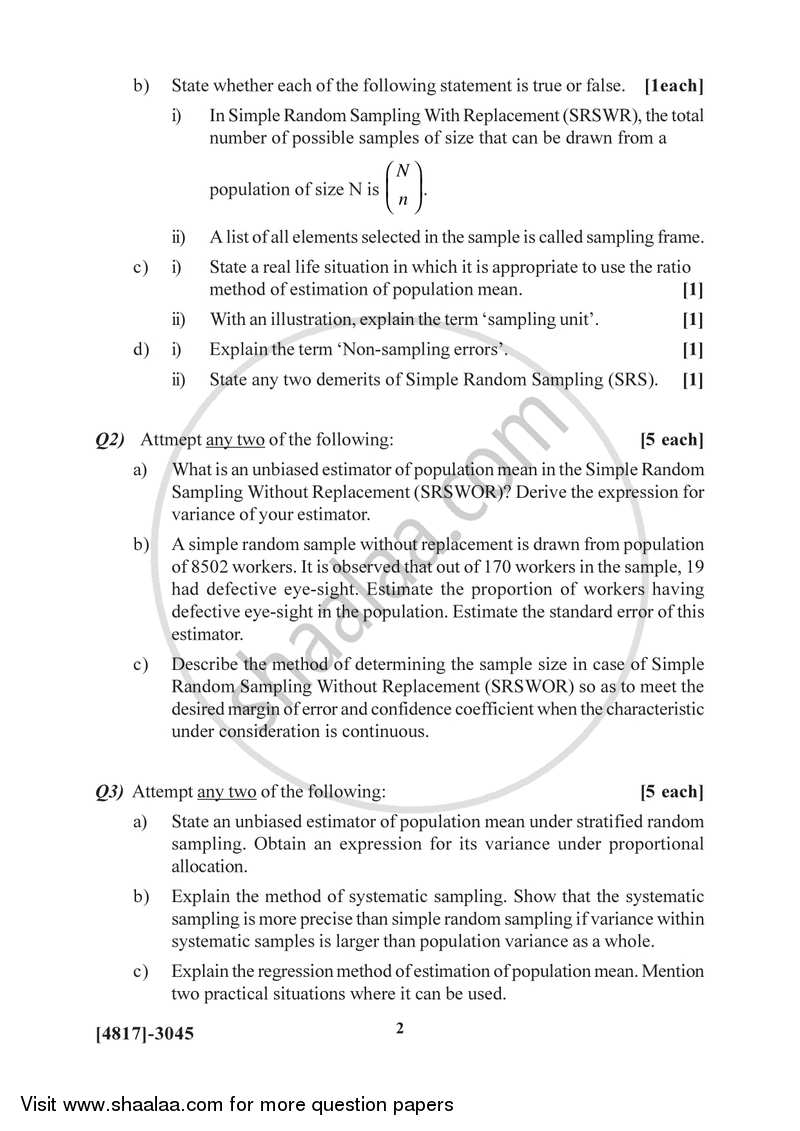 Sampling Methods 2015-2016 - B.Sc. - Semester 5 (TYBSc) - University of Pune question paper with PDF download