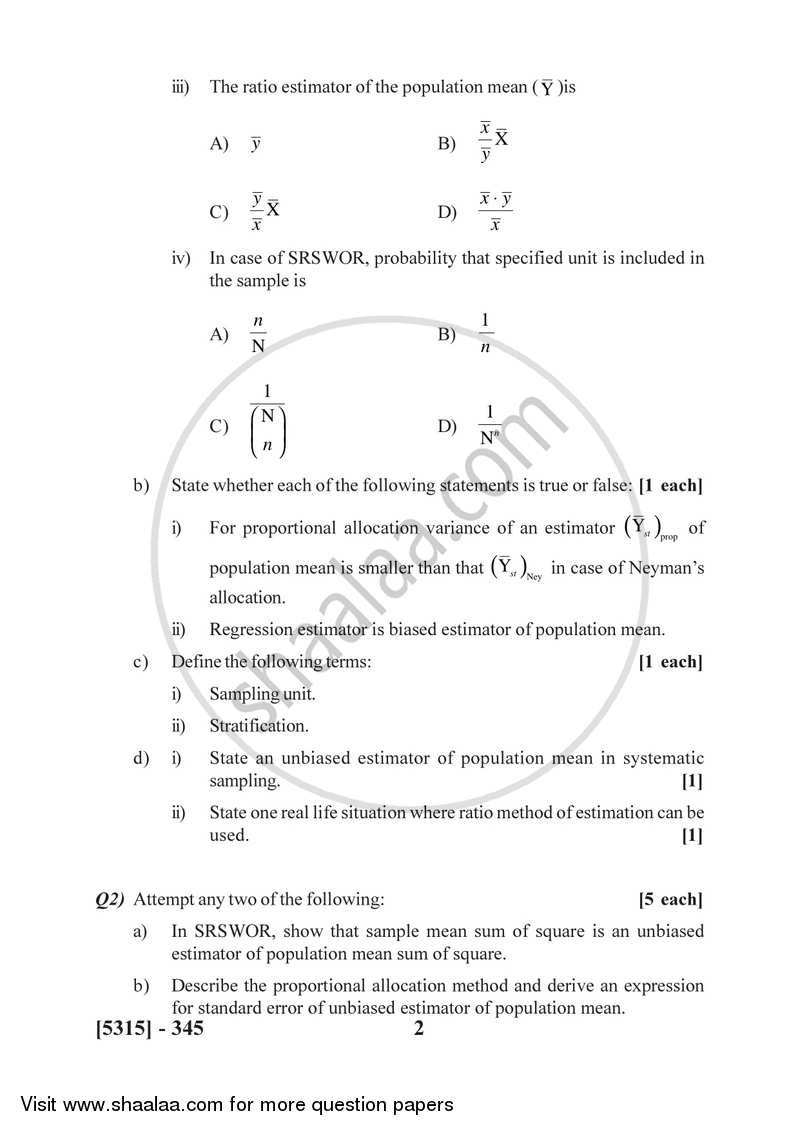 Sampling Methods 2017-2018 - B.Sc. - Semester 5 (TYBSc) - University of Pune question paper with PDF download