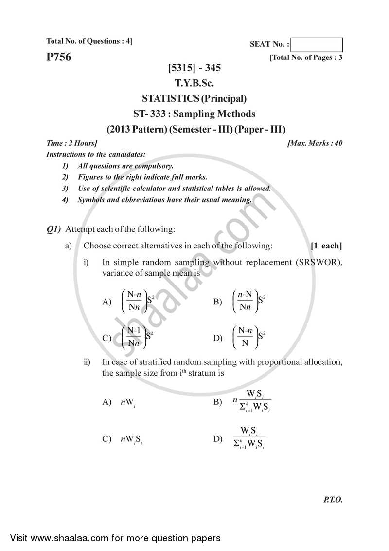 Sampling Methods 2017-2018 - B.Sc. - Semester 5 (TYBSc) - University of Pune question paper with PDF download