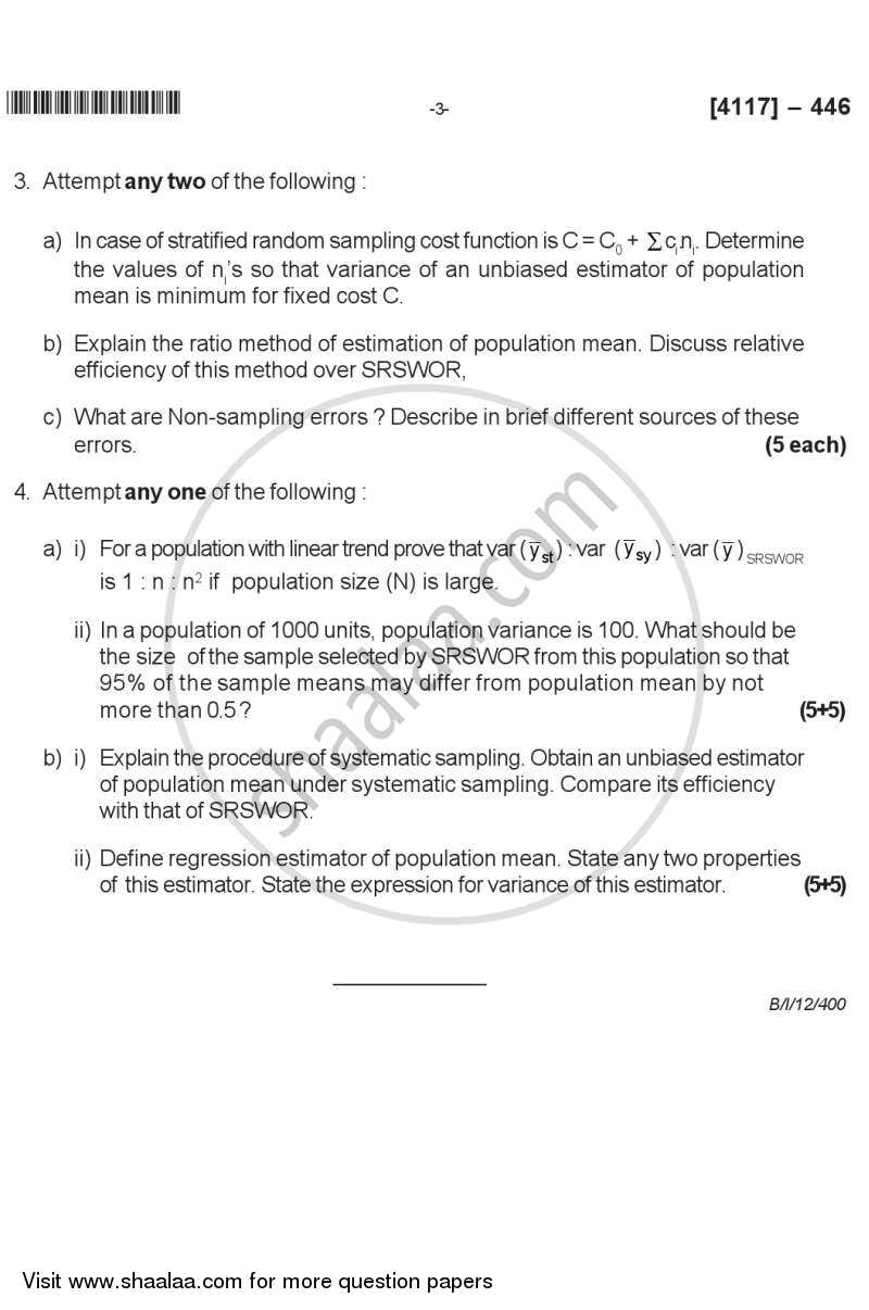 Sampling Methods 2012-2013 - B.Sc. - Semester 6 (TYBSc) - University of Pune question paper with PDF download