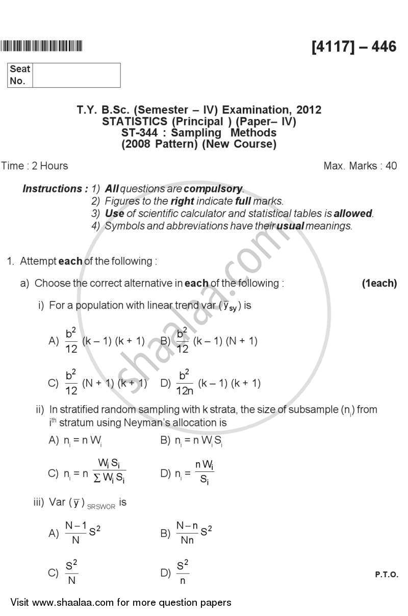 Sampling Methods 2012-2013 - B.Sc. - Semester 6 (TYBSc) - University of Pune question paper with PDF download