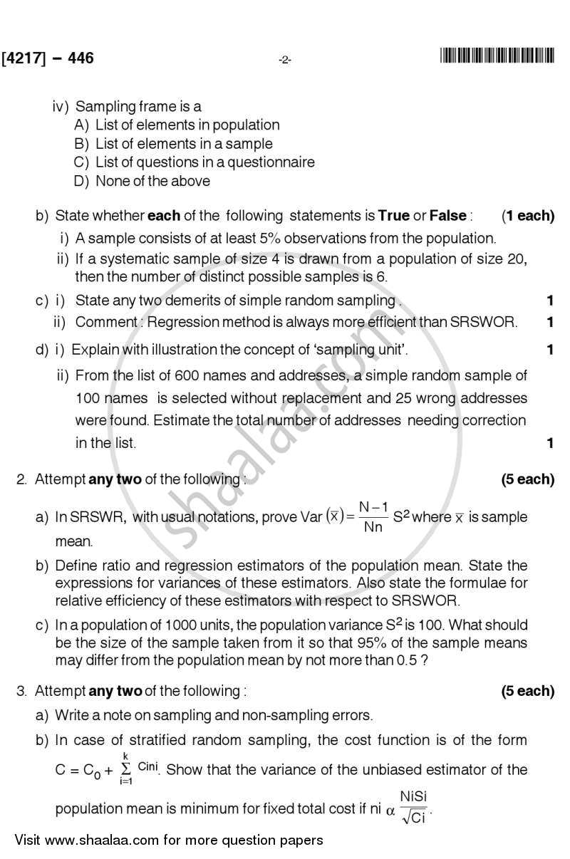 Sampling Methods 2012-2013 - B.Sc. - Semester 6 (TYBSc) - University of Pune question paper with PDF download