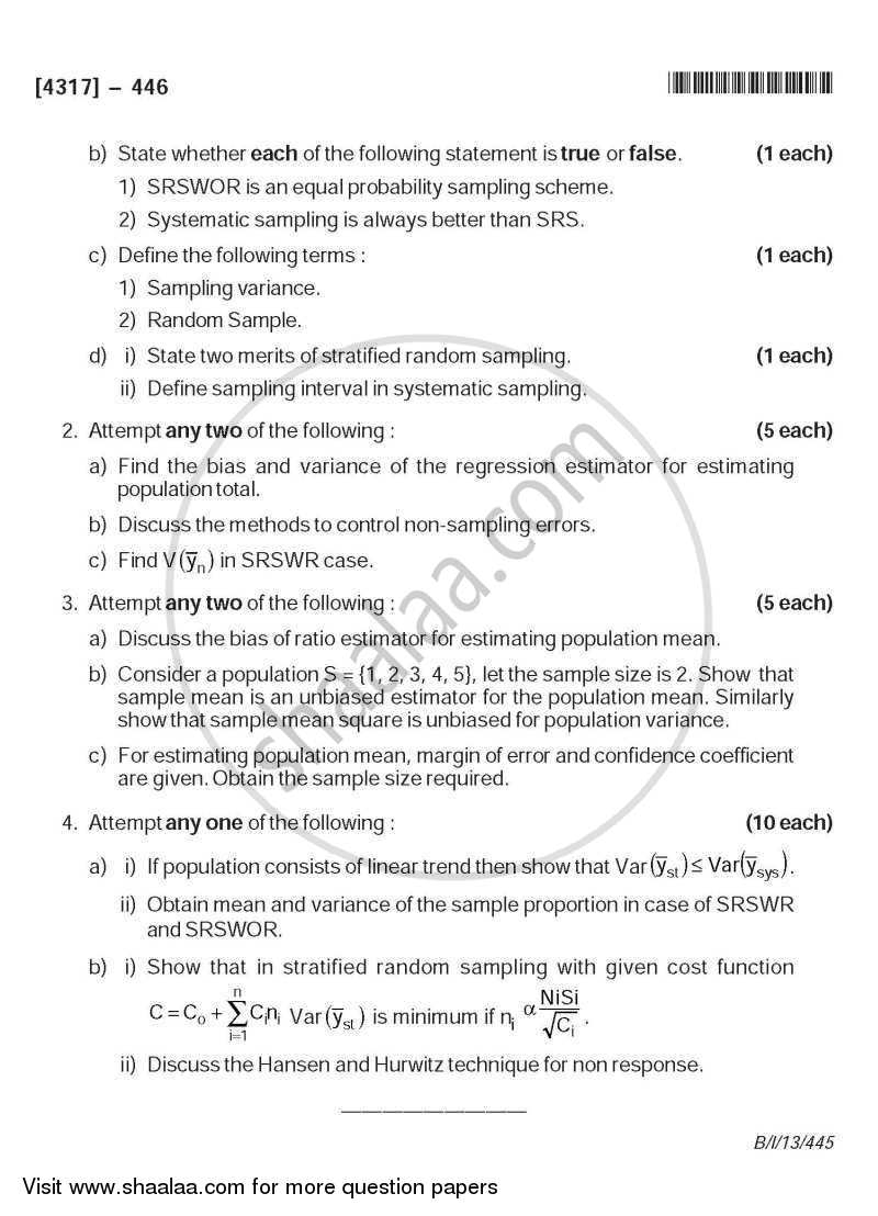 Sampling Methods 2013-2014 - B.Sc. - Semester 6 (TYBSc) - University of Pune question paper with PDF download