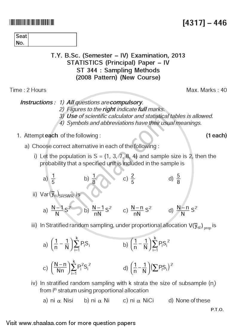 Sampling Methods 2013-2014 - B.Sc. - Semester 6 (TYBSc) - University of Pune question paper with PDF download