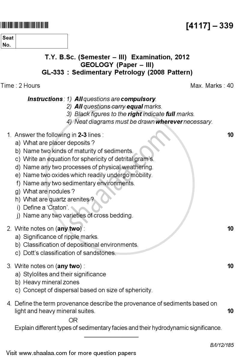 Sedimentary Petrology 2012-2013 - B.Sc. - Semester 5 (TYBSc) - University of Pune question paper with PDF download