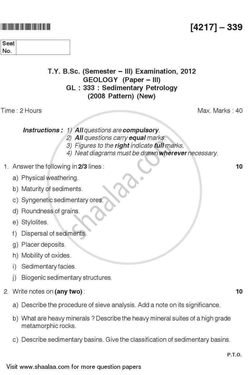 Sedimentary Petrology 2012-2013 - B.Sc. - Semester 5 (TYBSc) - University of Pune question paper with PDF download