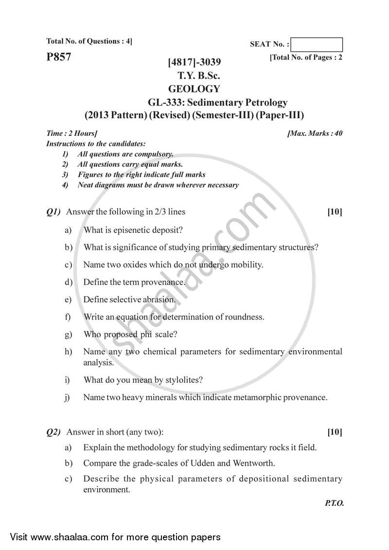 Sedimentary Petrology 2015-2016 - B.Sc. - Semester 5 (TYBSc) - University of Pune question paper with PDF download