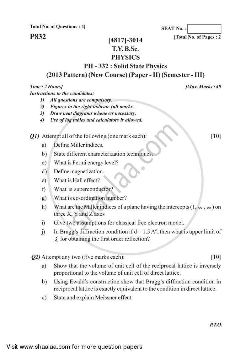 Solid State Physics 2015-2016 - B.Sc. - Semester 5 (TYBSc) - University of Pune question paper with PDF download