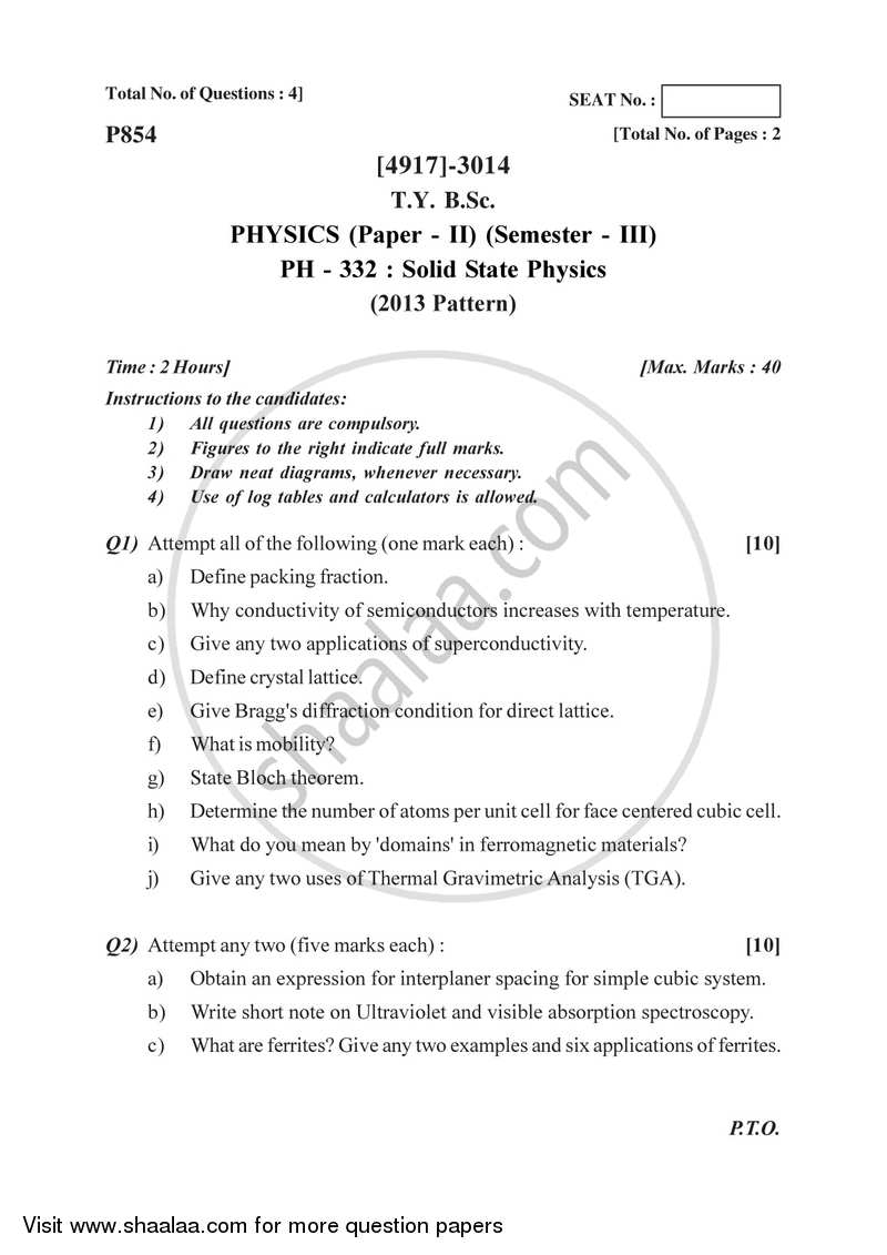 Solid State Physics 2015-2016 - B.Sc. - Semester 5 (TYBSc) - University of Pune question paper with PDF download