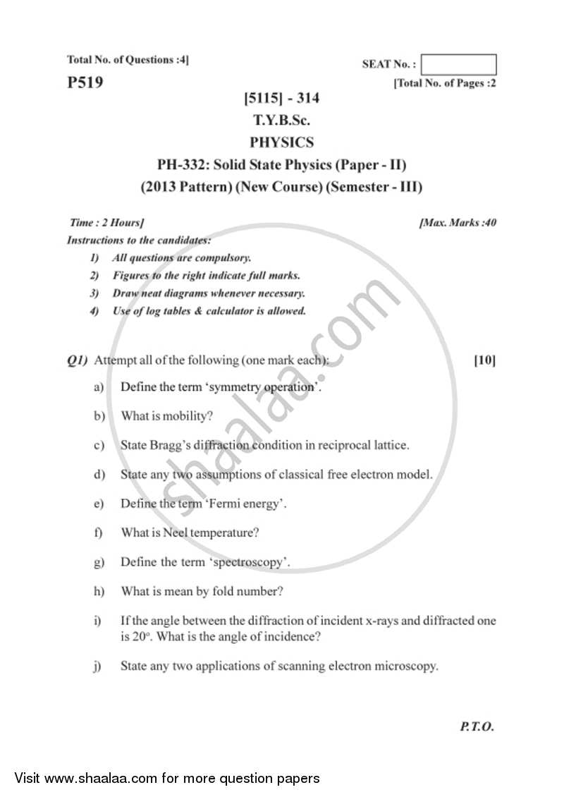 Solid State Physics 2016-2017 - B.Sc. - Semester 5 (TYBSc) - University of Pune question paper with PDF download