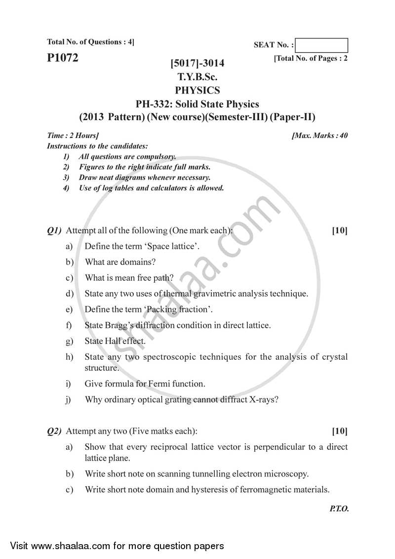 Solid State Physics 2016-2017 - B.Sc. - Semester 5 (TYBSc) - University of Pune question paper with PDF download