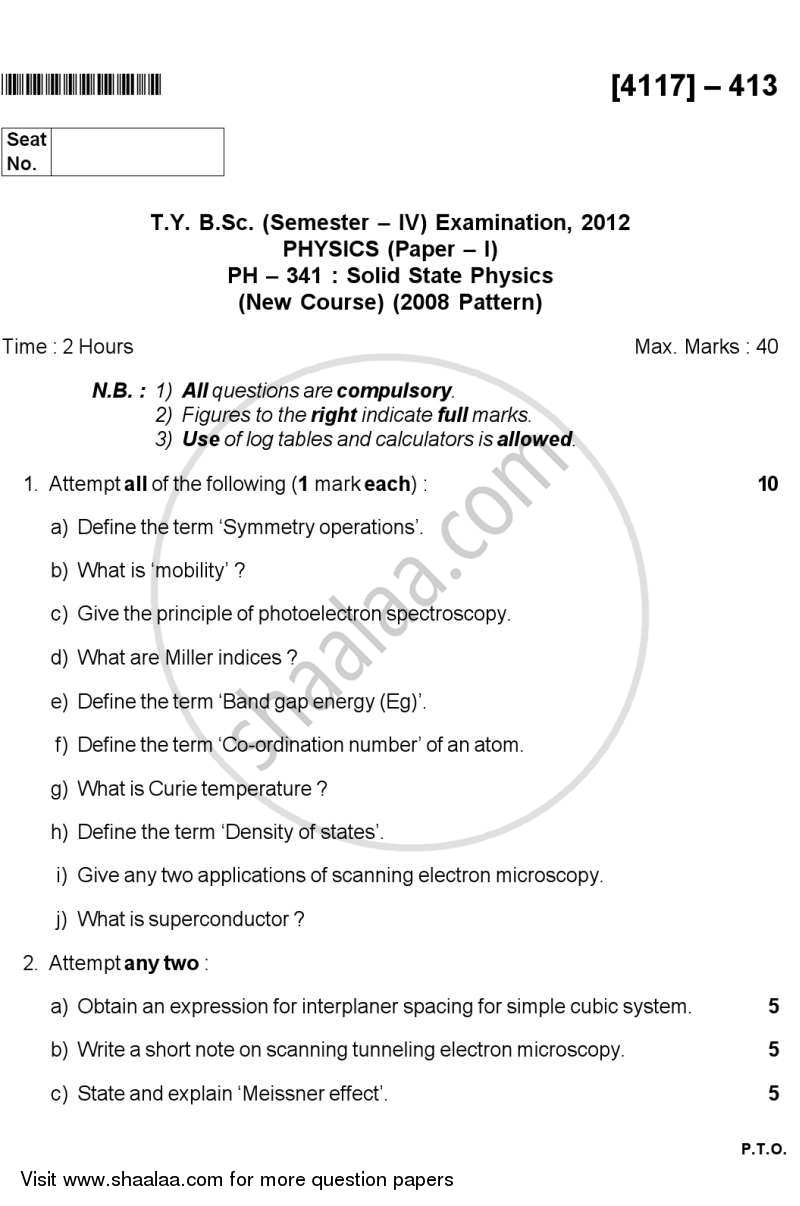 Solid State Physics 2012-2013 - B.Sc. - Semester 6 (TYBSc) - University of Pune question paper with PDF download