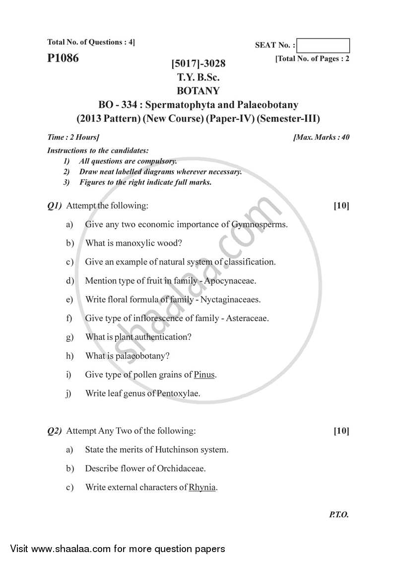 Spermatophyta and Palaeobotany 2016-2017 - B.Sc. - Semester 5 (TYBSc) - University of Pune question paper with PDF download