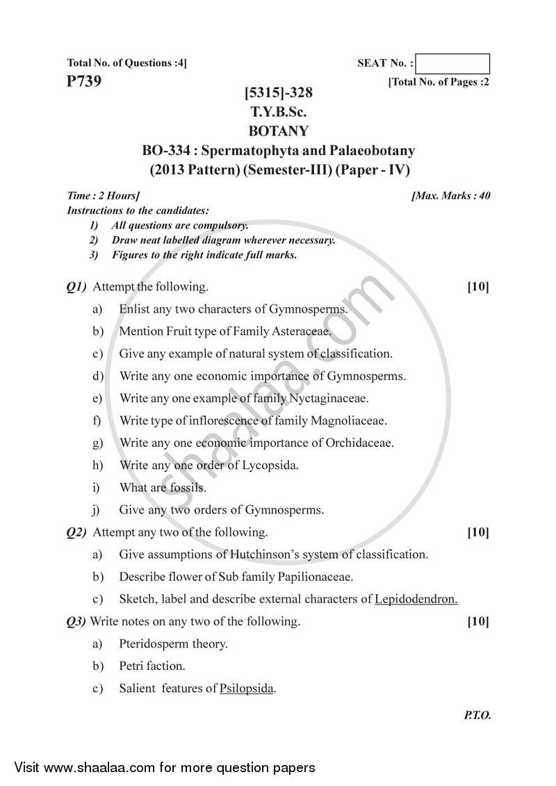Spermatophyta and Palaeobotany 2017-2018 - B.Sc. - Semester 5 (TYBSc) - University of Pune question paper with PDF download
