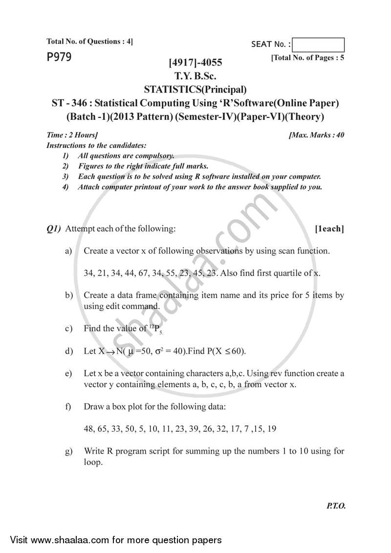 Statistical Computing Using R Software 2015-2016 - B.Sc. - Semester 6 (TYBSc) - University of Pune question paper with PDF download