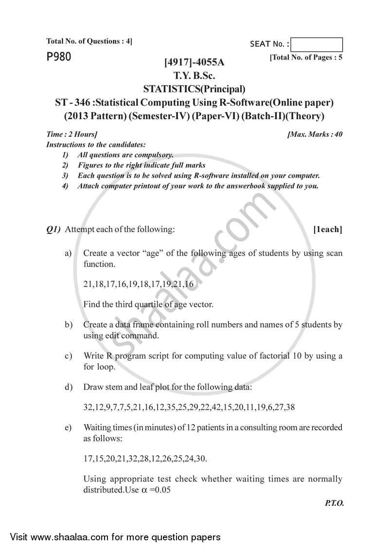 Statistical Computing Using R Software 2015-2016 - B.Sc. - Semester 6 (TYBSc) - University of Pune question paper with PDF download