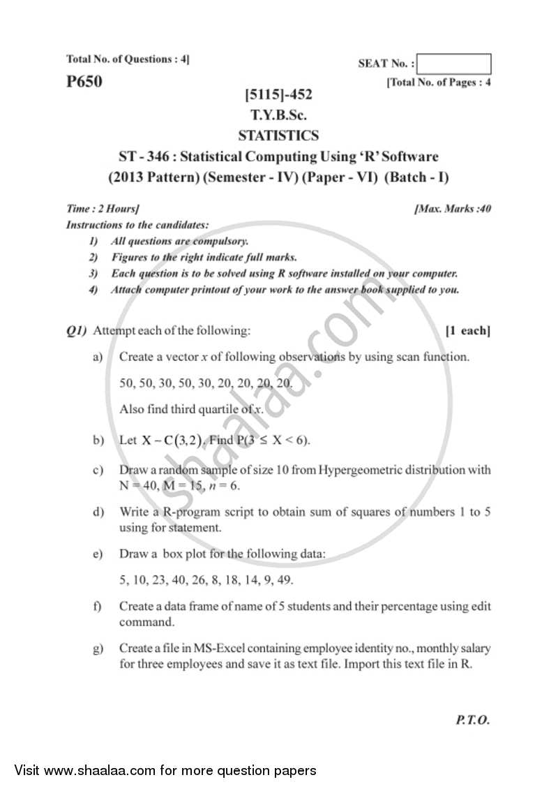 Statistical Computing Using R Software 2016-2017 - B.Sc. - Semester 6 (TYBSc) - University of Pune question paper with PDF download