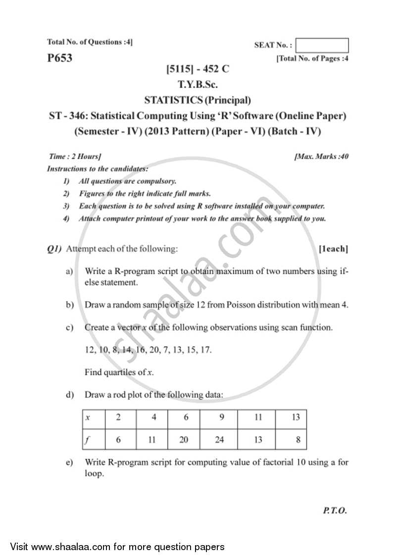 Statistical Computing Using R Software 2016-2017 - B.Sc. - Semester 6 (TYBSc) - University of Pune question paper with PDF download
