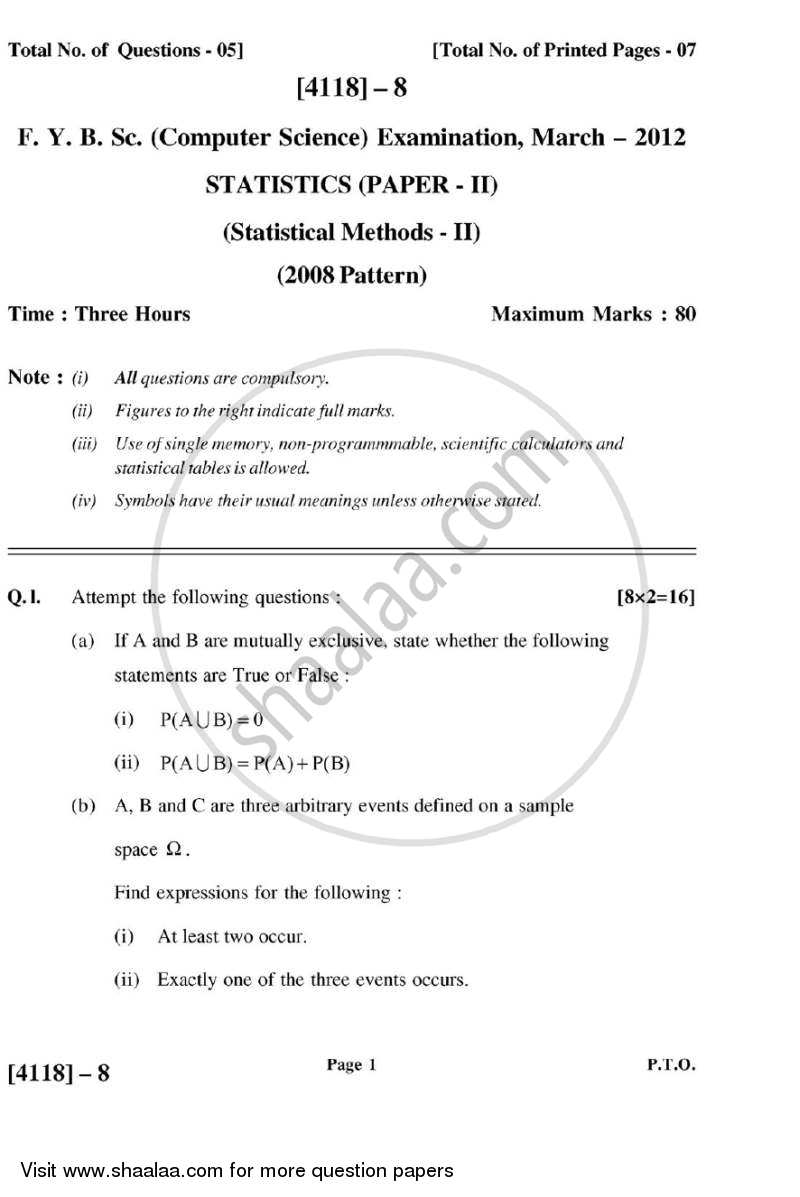 Statistical Methods 2 2012-2013 - B.Sc. - Semester 2 (FYBSc) - University of Pune question paper with PDF download