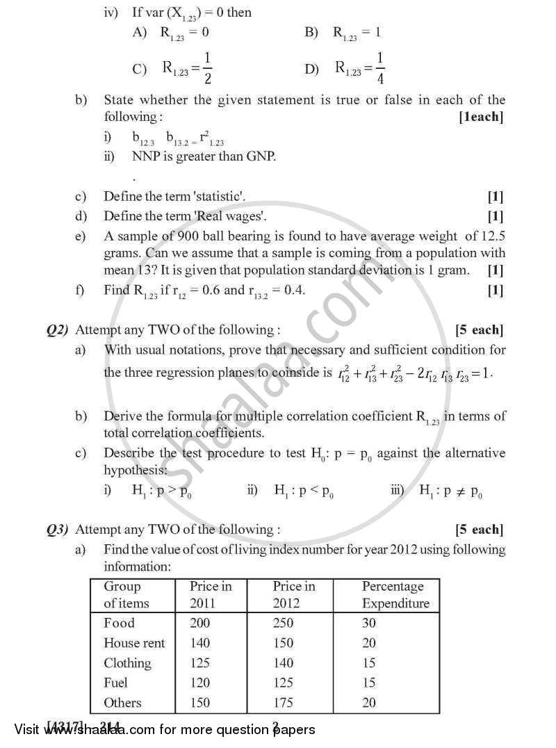 Statistical Methods and National Income 2013-2014 - B.Sc. - Semester 4 (SYBSc) - University of Pune question paper with PDF download