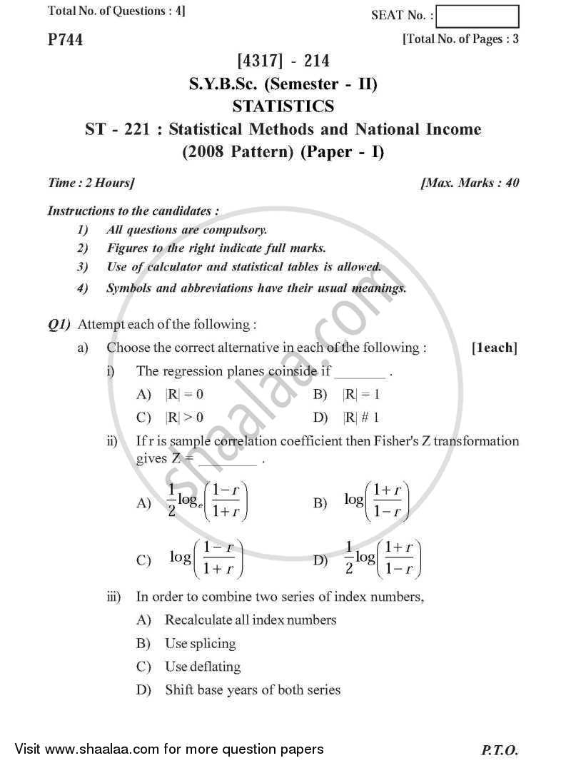 Statistical Methods and National Income 2013-2014 - B.Sc. - Semester 4 (SYBSc) - University of Pune question paper with PDF download