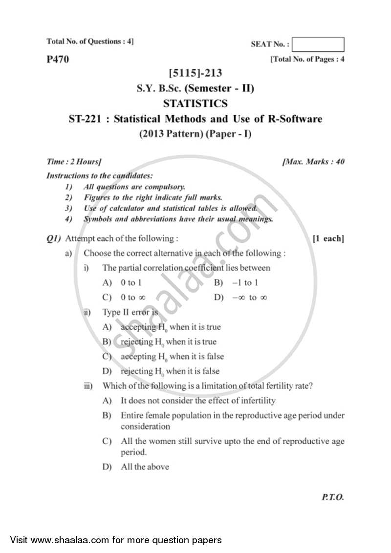 Statistical Methods and Use of R-software 2016-2017 - B.Sc. - Semester 4 (SYBSc) - University of Pune question paper with PDF download