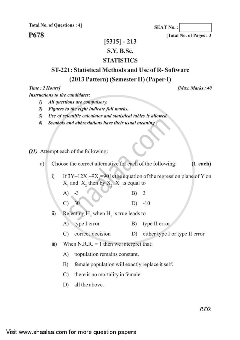 Statistical Methods and Use of R-software 2017-2018 - B.Sc. - Semester 4 (SYBSc) - University of Pune question paper with PDF download