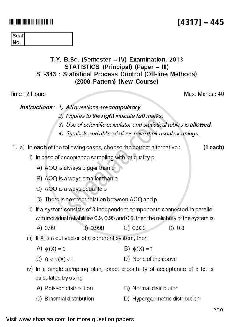 Statistical Process Control (Off Line Methods) 2013-2014 - B.Sc. - Semester 6 (TYBSc) - University of Pune question paper with PDF download